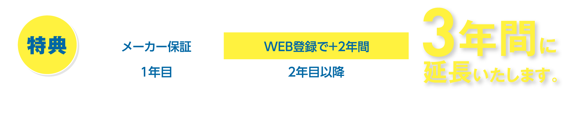 [特典]通常１年間の製品メーカー保証期間をWEB登録で3年間に延長いたします。※保証期間は、機器引き渡し日当日から3年後の同月月末までとなります。（例：2024年11月25日に機器引き渡し完了⇒ 保証期間は2024年11月25日～2027年11月30日まで）